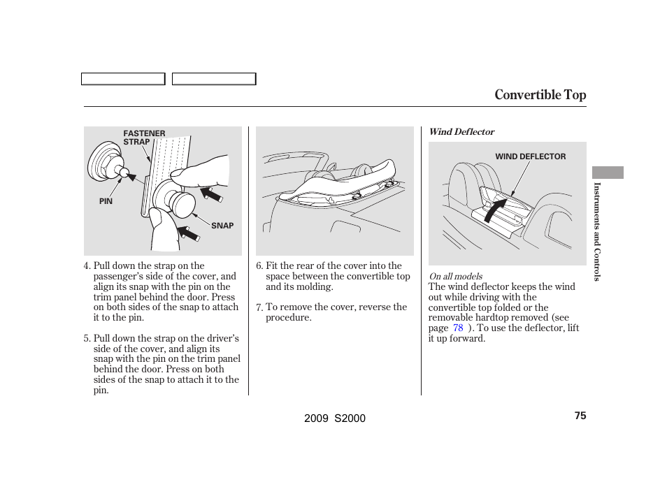 Convertible top | HONDA 2009 S2000 User Manual | Page 78 / 268