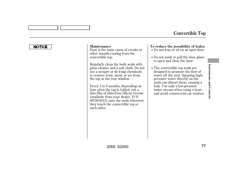 Convertible top | HONDA 2009 S2000 User Manual | Page 80 / 268