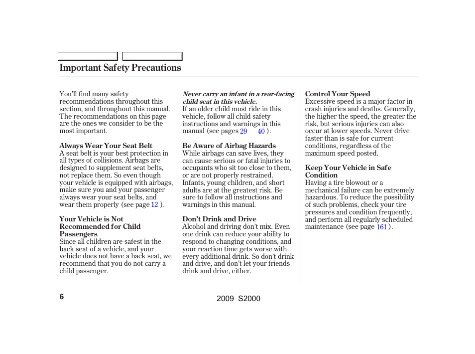 Important safety precautions | HONDA 2009 S2000 User Manual | Page 9 / 268