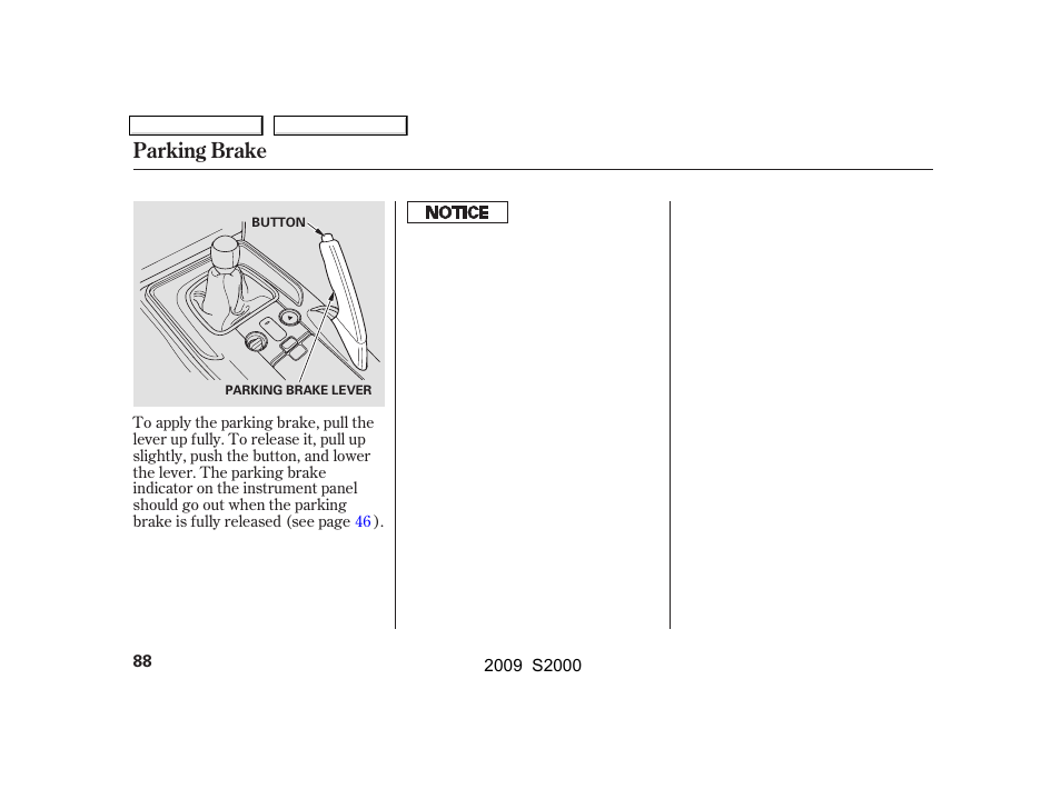 Parking brake | HONDA 2009 S2000 User Manual | Page 91 / 268