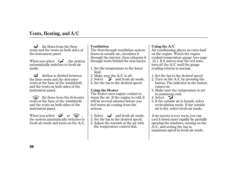 Vents, heating, and a/c | HONDA S2000 User Manual | Page 104 / 270