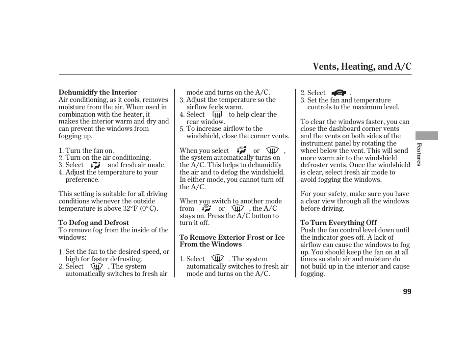 Vents, heating, and a/c | HONDA S2000 User Manual | Page 105 / 270