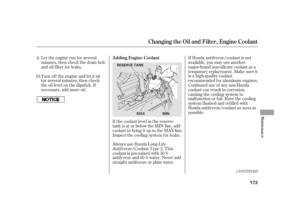 Changing the oil and filter, engine coolant | HONDA S2000 User Manual | Page 179 / 270