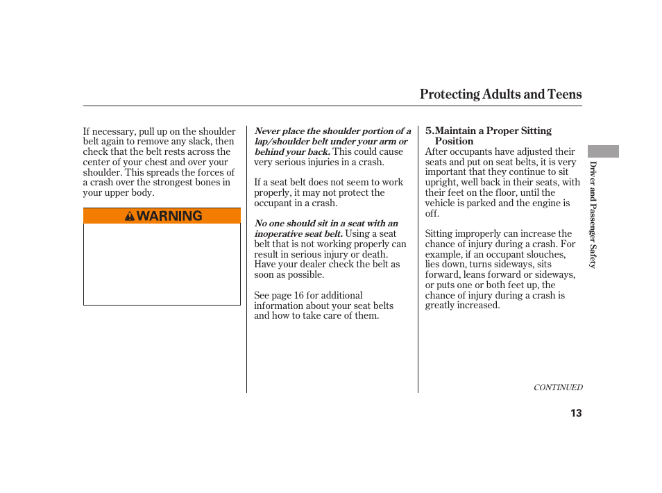 Protecting adults and teens | HONDA S2000 User Manual | Page 19 / 270