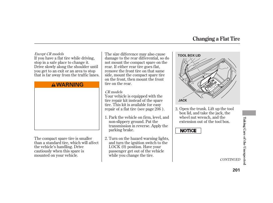 Changing a flat tire | HONDA S2000 User Manual | Page 207 / 270