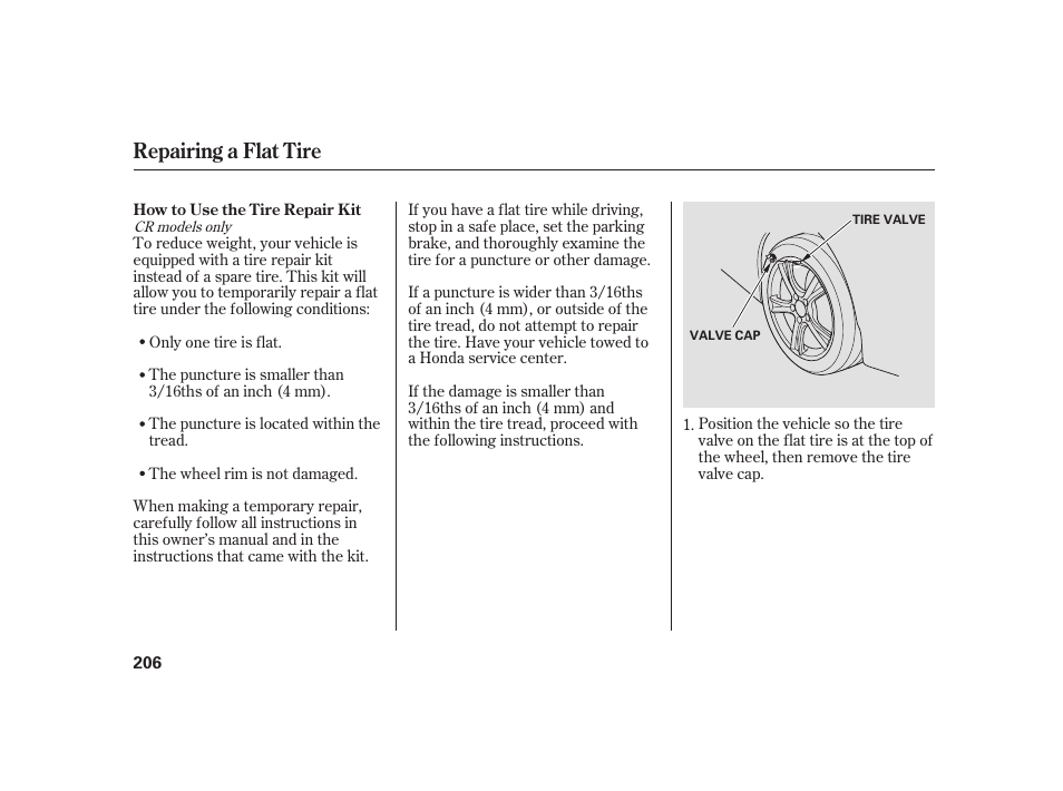 Repairing a flat tire | HONDA S2000 User Manual | Page 212 / 270