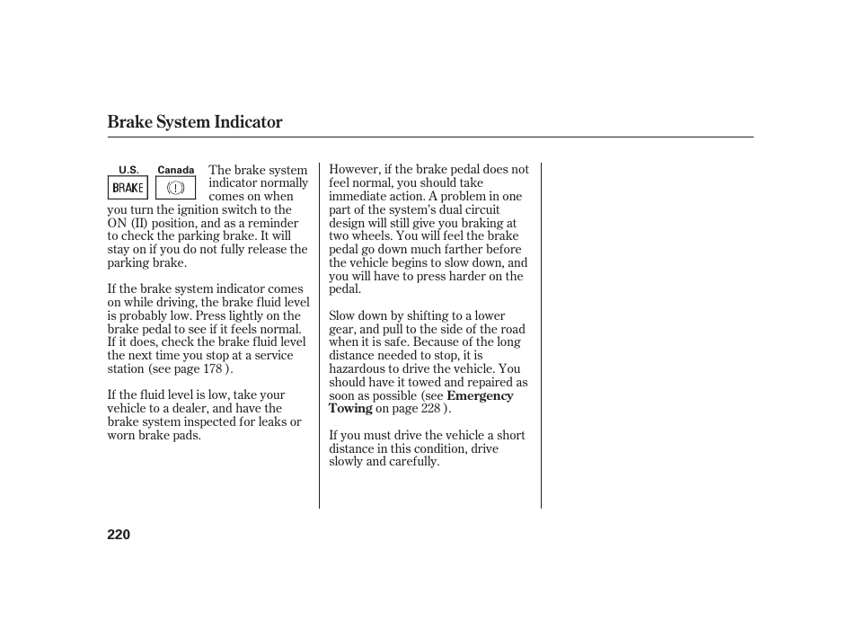 Brake system indicator | HONDA S2000 User Manual | Page 226 / 270