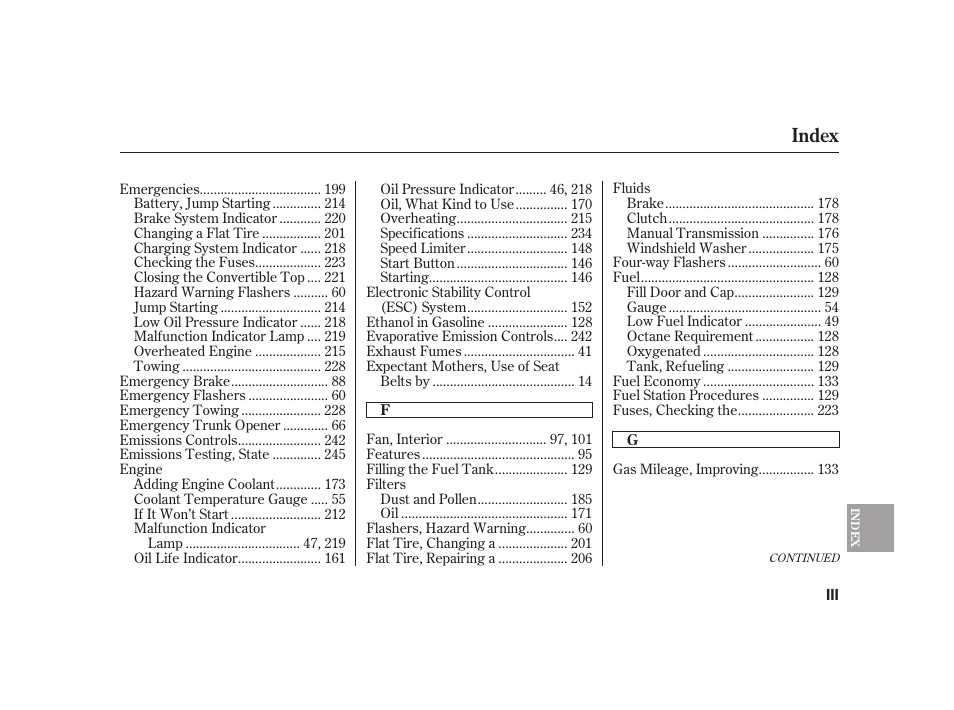 Index | HONDA S2000 User Manual | Page 261 / 270