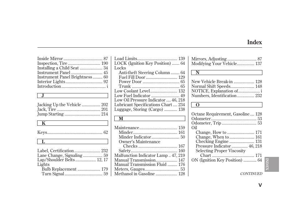 Index | HONDA S2000 User Manual | Page 263 / 270