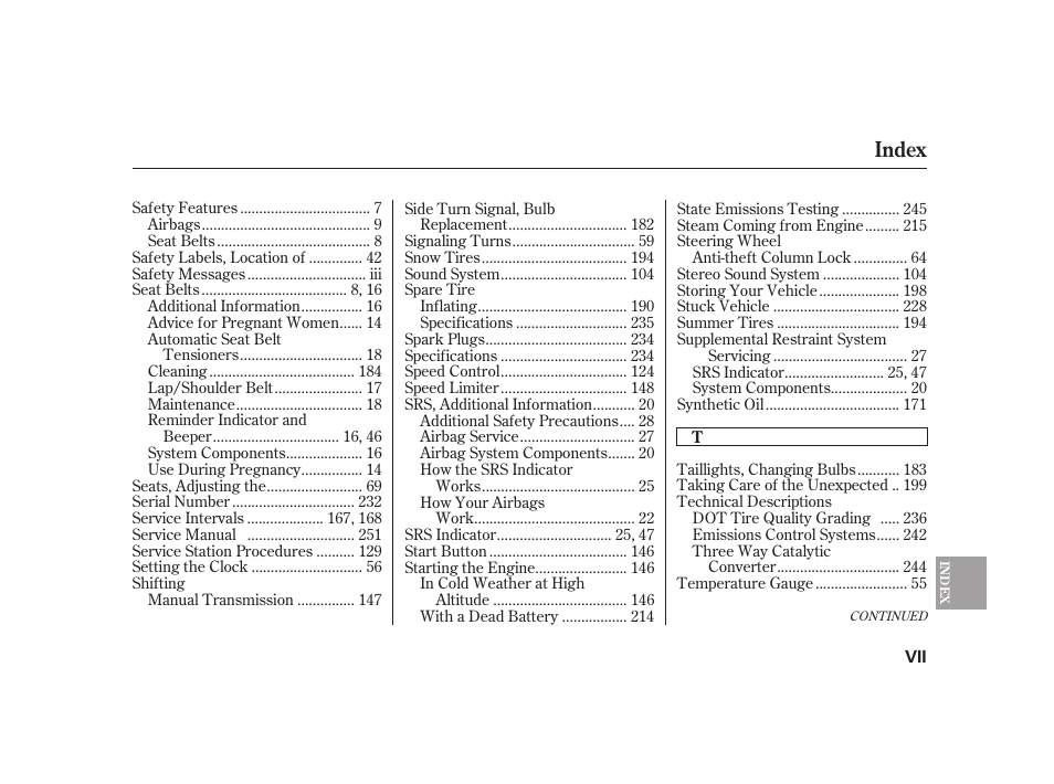 Index | HONDA S2000 User Manual | Page 265 / 270