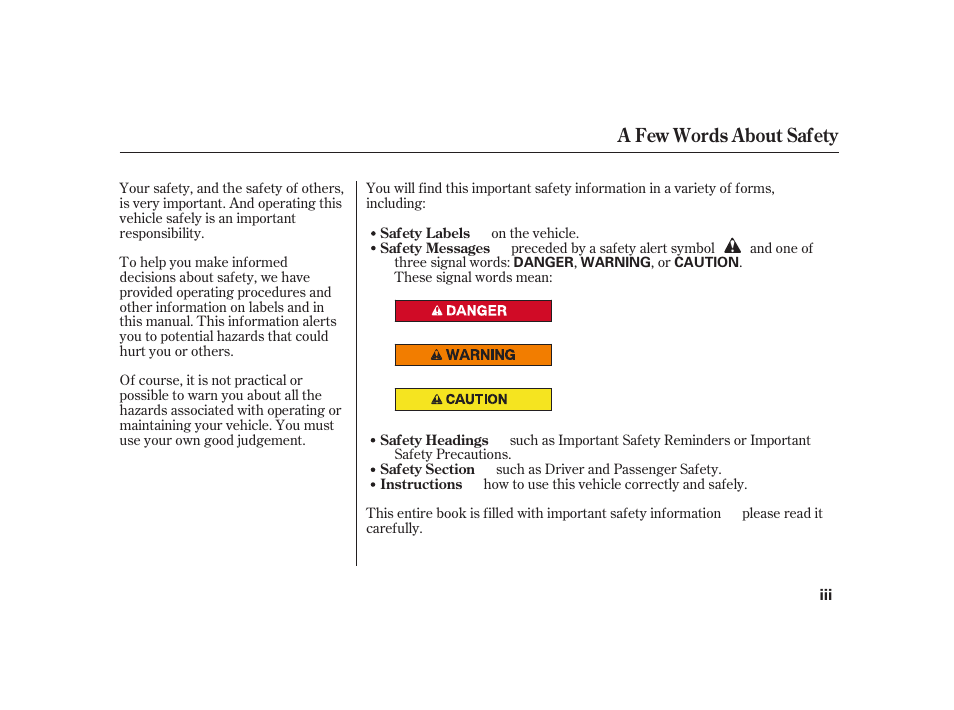 A few words about safety | HONDA S2000 User Manual | Page 5 / 270