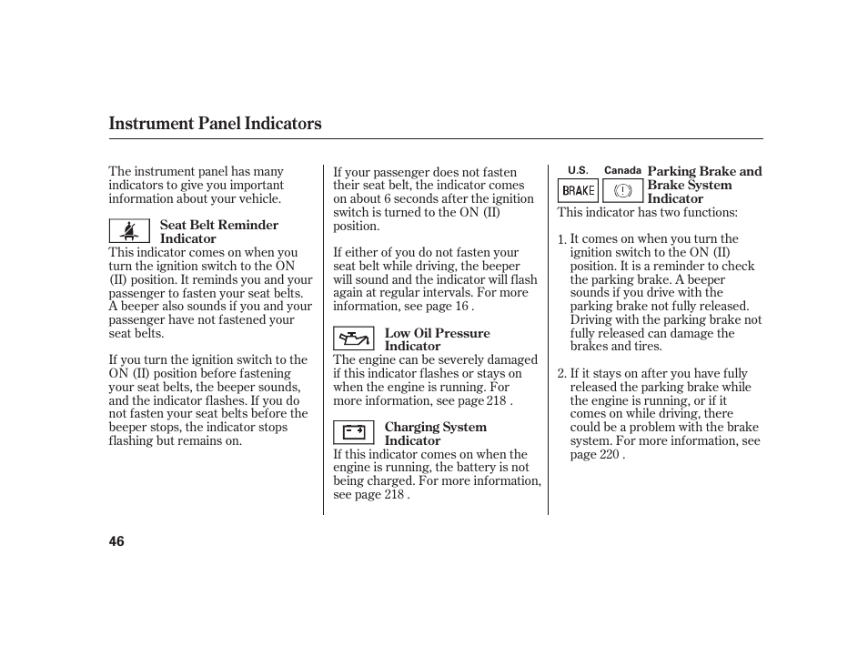 Instrument panel indicators | HONDA S2000 User Manual | Page 52 / 270