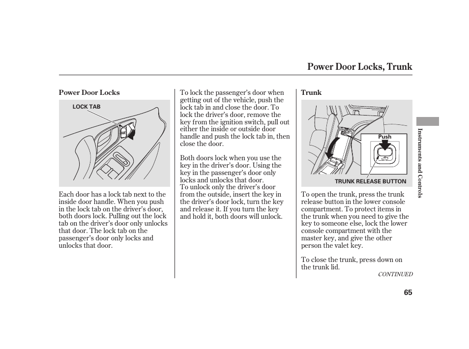 Power door locks, trunk | HONDA S2000 User Manual | Page 71 / 270