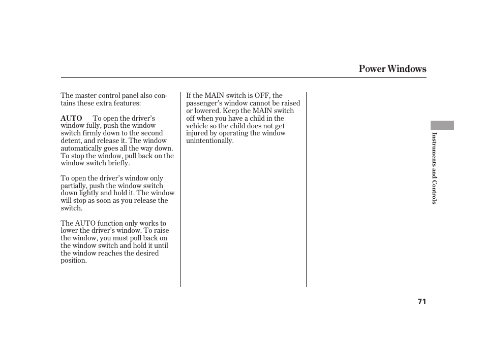 Power windows | HONDA S2000 User Manual | Page 77 / 270