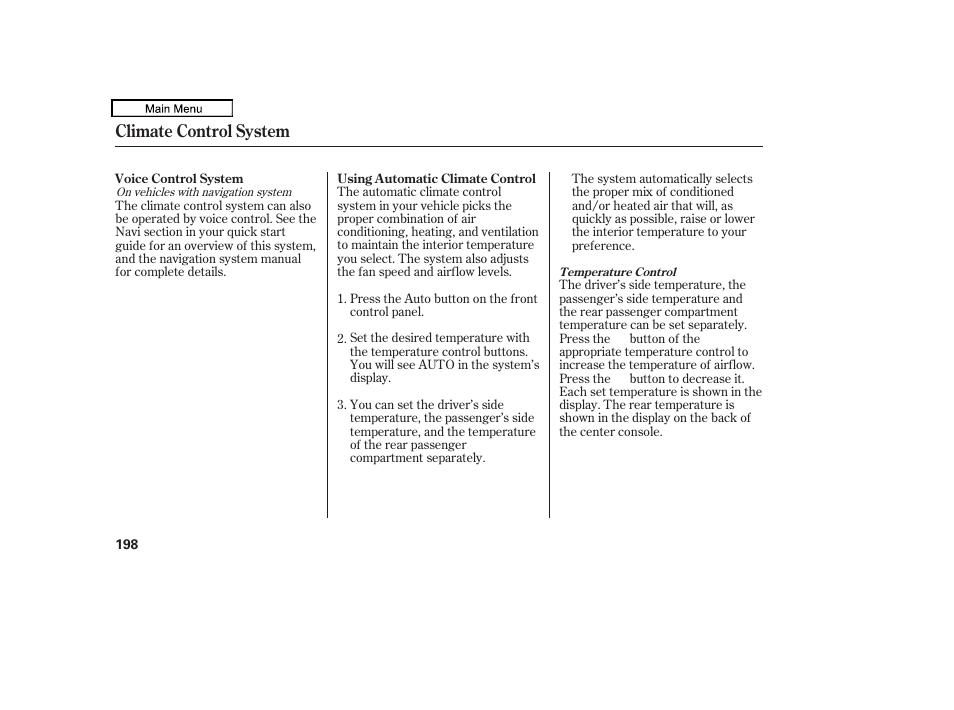 Auto button, Driver’s side temperature control buttons, Front passenger’s side temperature control buttons | Climate control system | HONDA 2009 Pilot User Manual | Page 202 / 578