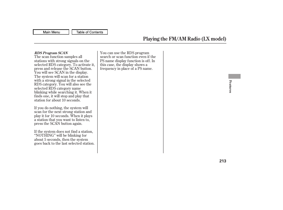 Playing the fm/am radio (lx model) | HONDA 2009 Pilot User Manual | Page 217 / 578