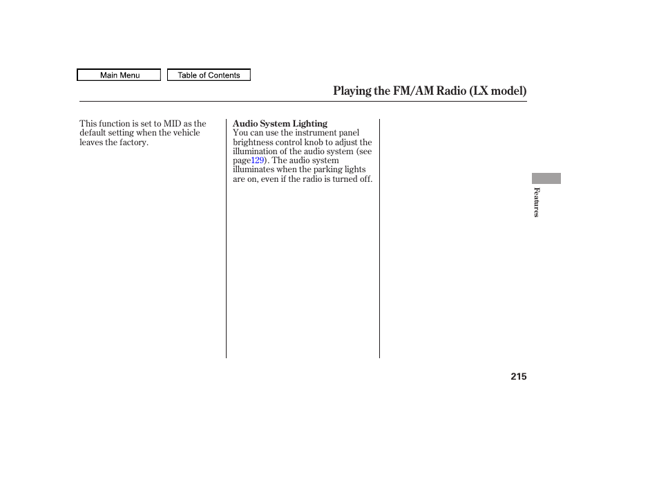 Playing the fm/am radio (lx model) | HONDA 2009 Pilot User Manual | Page 219 / 578