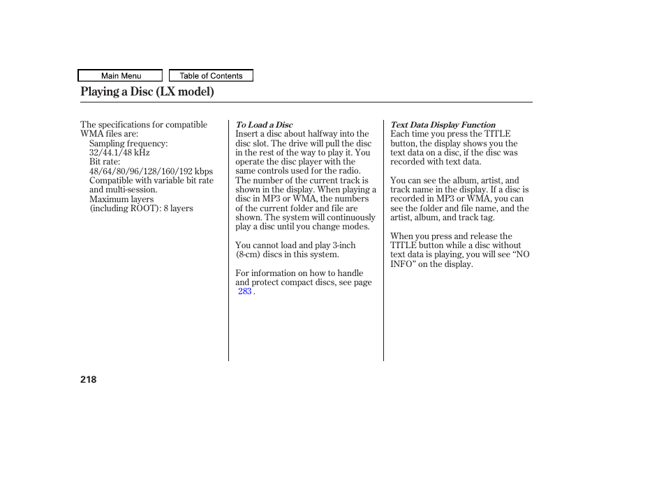 Playing a disc (lx model) | HONDA 2009 Pilot User Manual | Page 222 / 578