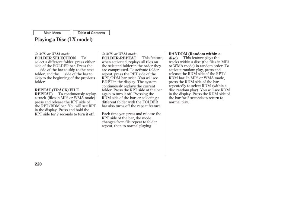 Folder bar, Rpt/rdm (repeat/random) bar, Playing a disc (lx model) | HONDA 2009 Pilot User Manual | Page 224 / 578