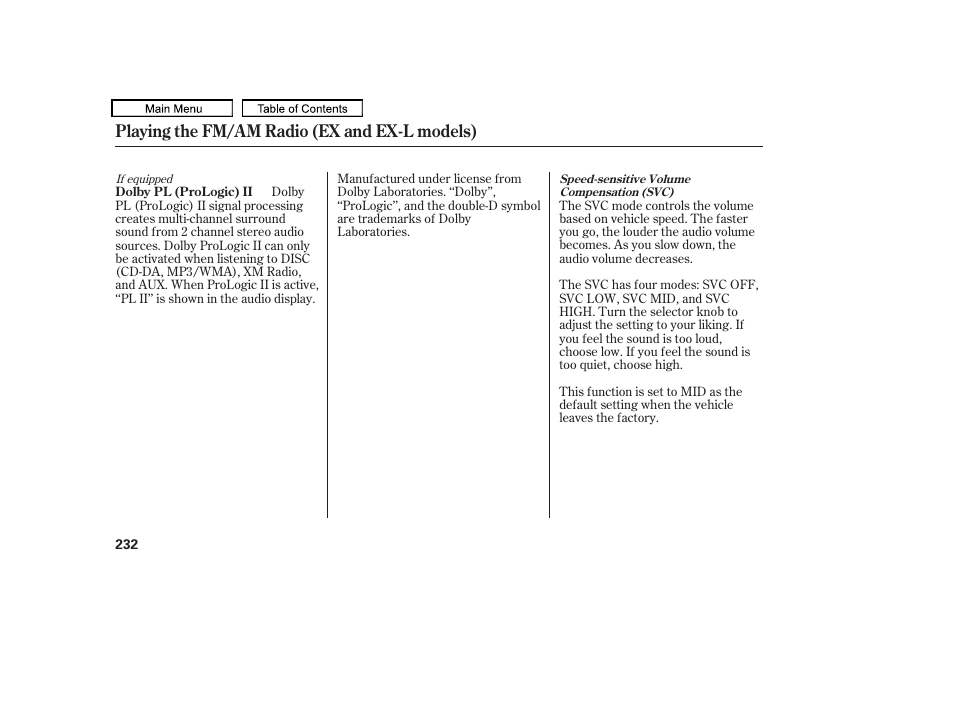 Playing the fm/am radio (ex and ex-l models) | HONDA 2009 Pilot User Manual | Page 236 / 578