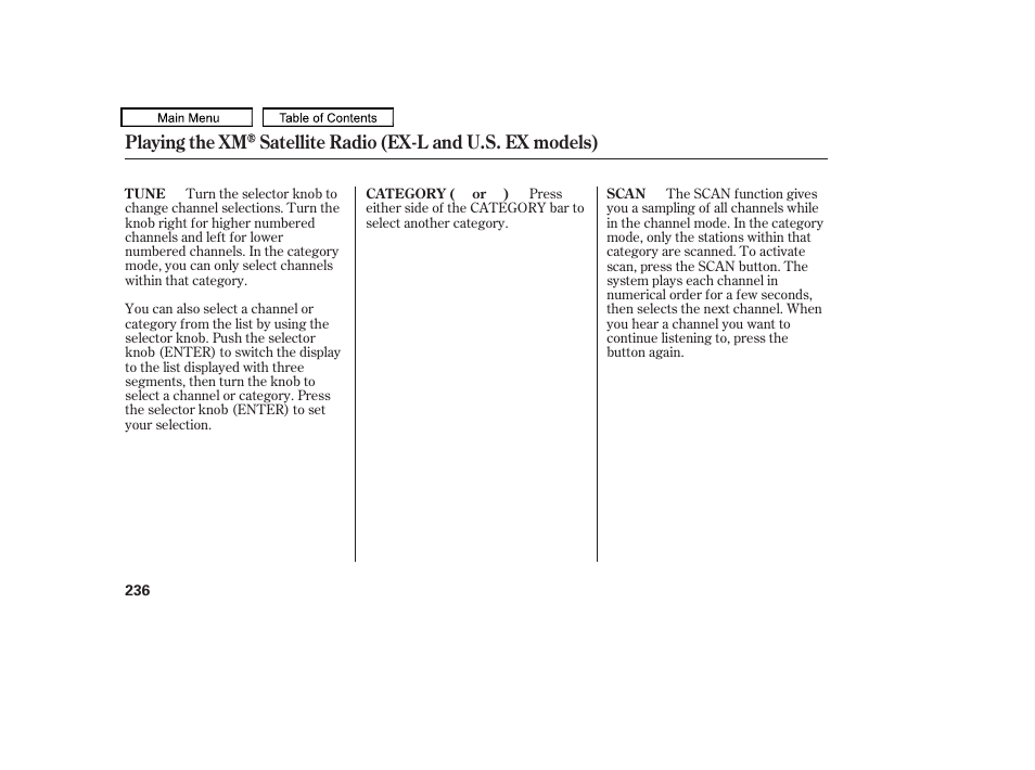 Scan button, Category bar | HONDA 2009 Pilot User Manual | Page 240 / 578