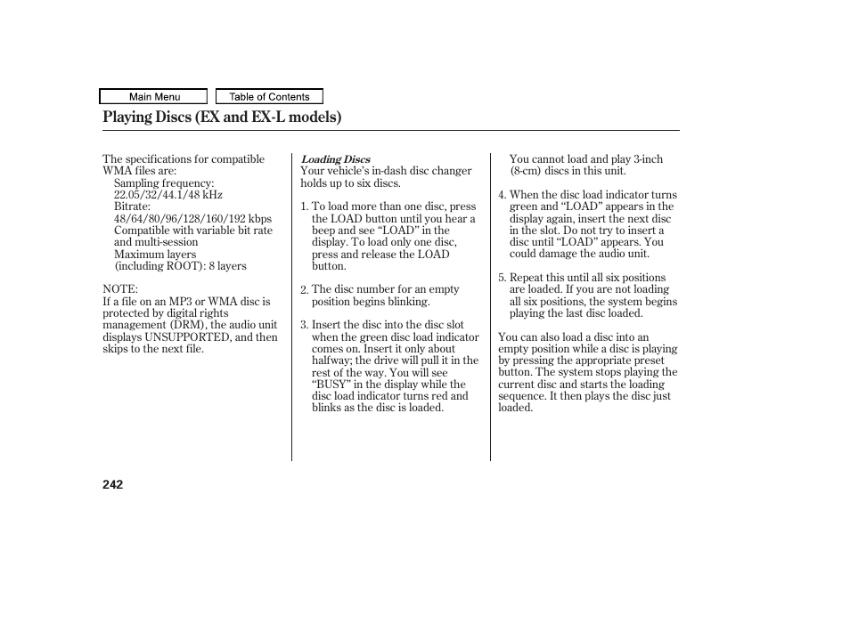 Playing discs (ex and ex-l models) | HONDA 2009 Pilot User Manual | Page 246 / 578