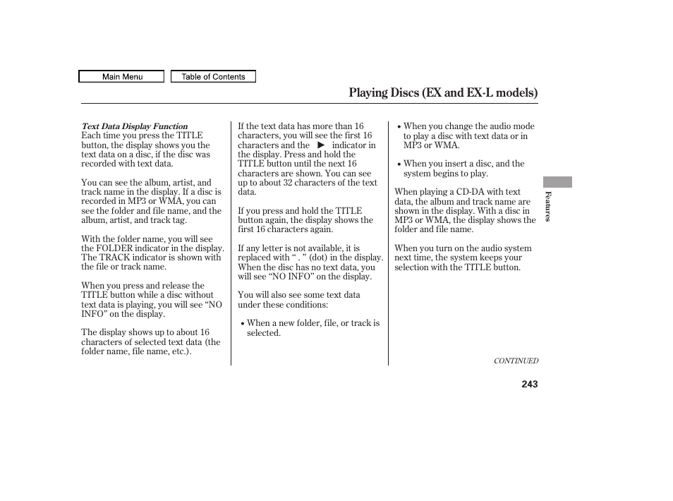 Playing discs (ex and ex-l models) | HONDA 2009 Pilot User Manual | Page 247 / 578