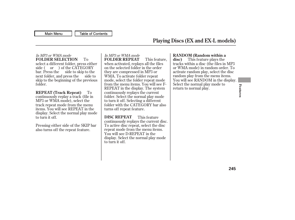 Playing discs (ex and ex-l models) | HONDA 2009 Pilot User Manual | Page 249 / 578