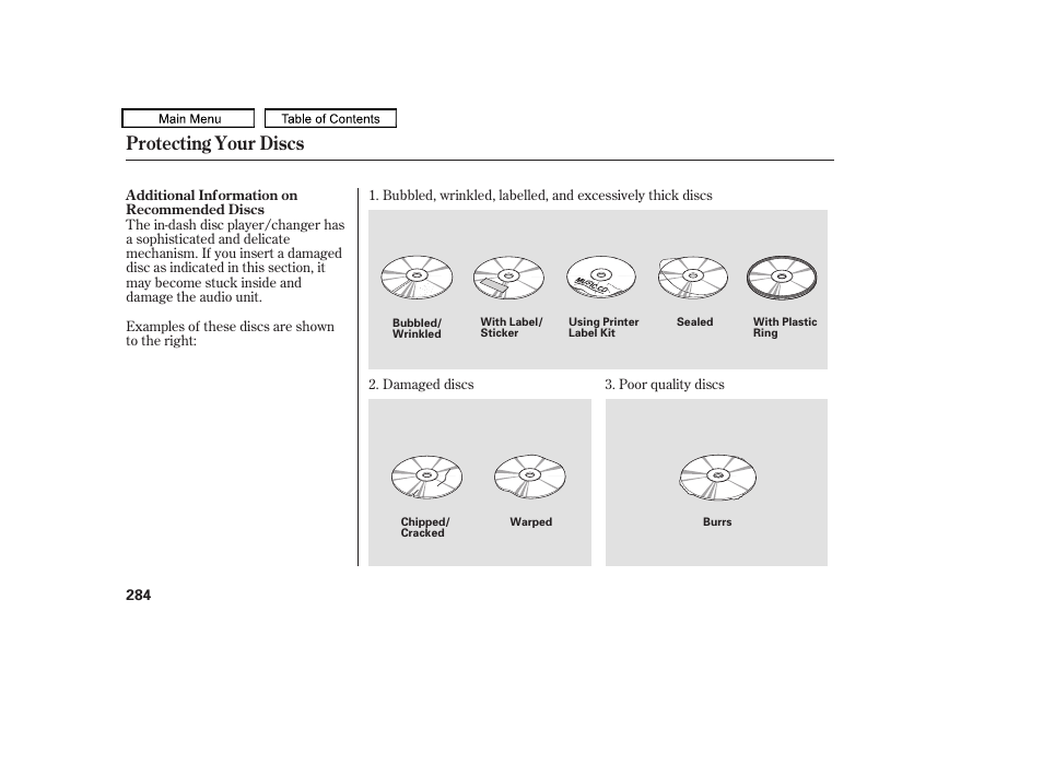 Protecting your discs | HONDA 2009 Pilot User Manual | Page 288 / 578