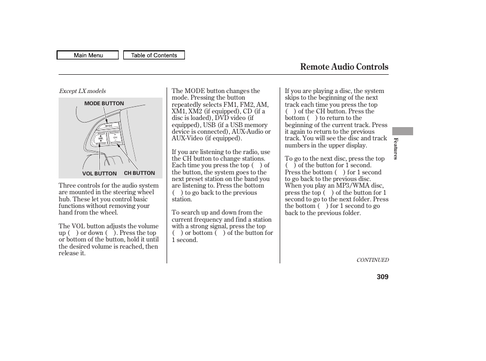 Remote audio controls | HONDA 2009 Pilot User Manual | Page 313 / 578