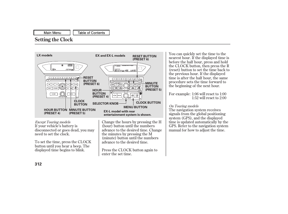 Setting the clock, 2009 pilot | HONDA 2009 Pilot User Manual | Page 316 / 578