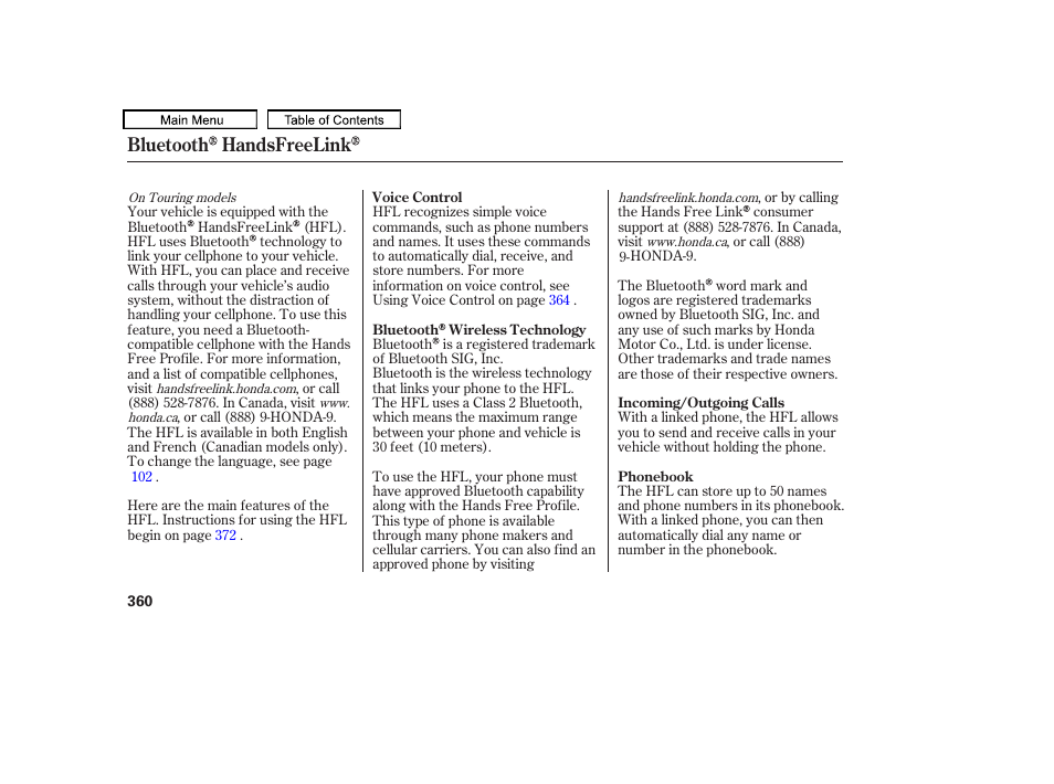 Bluetooth handsfreelink | HONDA 2009 Pilot User Manual | Page 364 / 578