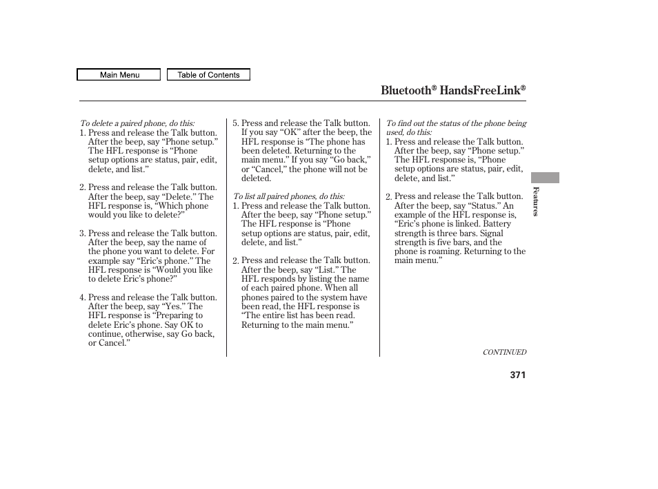 Bluetooth handsfreelink | HONDA 2009 Pilot User Manual | Page 375 / 578