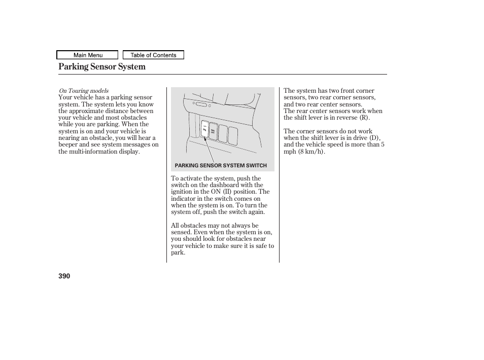 Parking sensor system | HONDA 2009 Pilot User Manual | Page 394 / 578