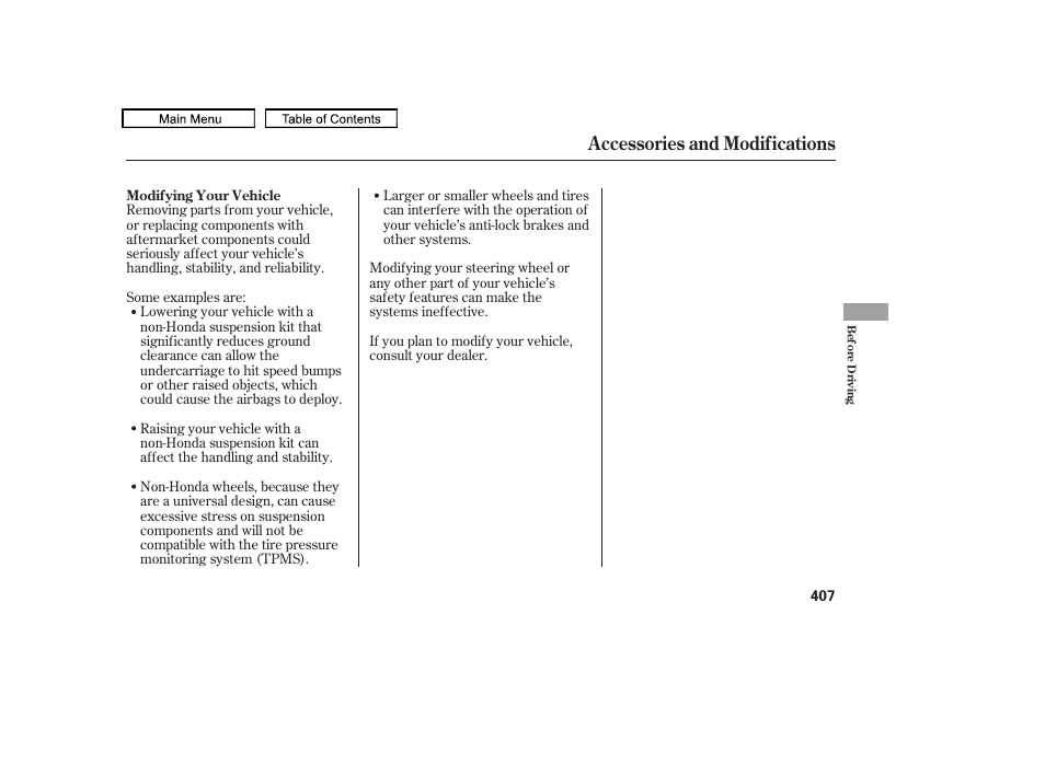 Accessories and modifications | HONDA 2009 Pilot User Manual | Page 411 / 578