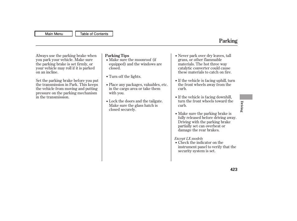 Parking | HONDA 2009 Pilot User Manual | Page 427 / 578