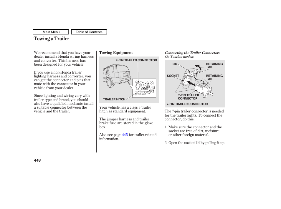 Towing a trailer | HONDA 2009 Pilot User Manual | Page 452 / 578