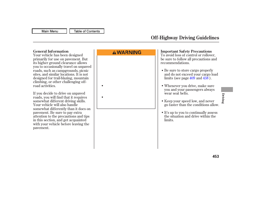 Off-highway driving guidelines | HONDA 2009 Pilot User Manual | Page 457 / 578