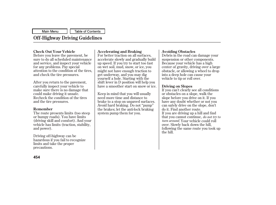 Off-highway driving guidelines | HONDA 2009 Pilot User Manual | Page 458 / 578