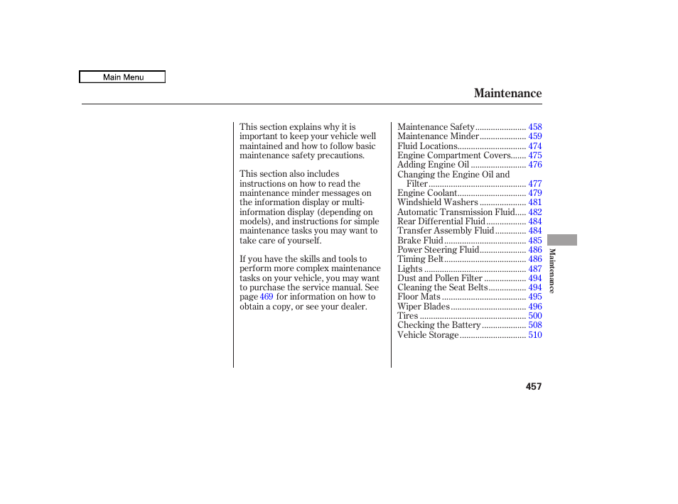 Maintenance | HONDA 2009 Pilot User Manual | Page 461 / 578