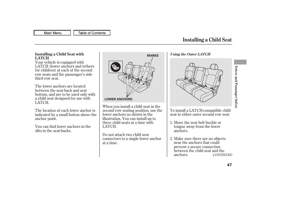 Installing a child seat, 2009 pilot | HONDA 2009 Pilot User Manual | Page 51 / 578