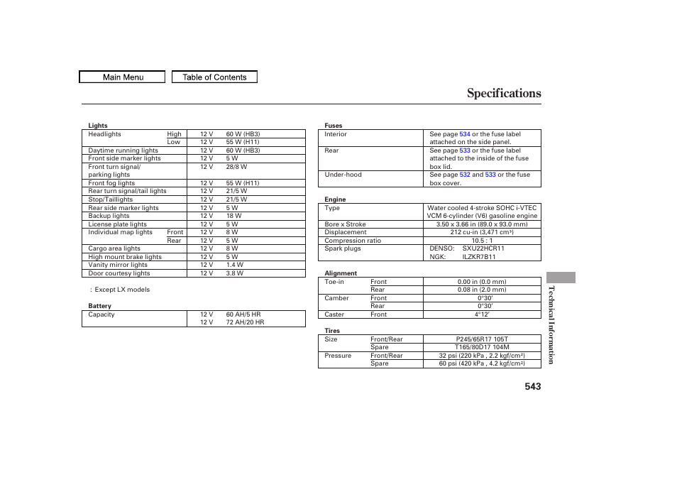 Specifications, 2009 pilot | HONDA 2009 Pilot User Manual | Page 547 / 578