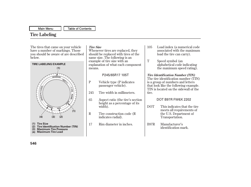 Tire labeling | HONDA 2009 Pilot User Manual | Page 550 / 578