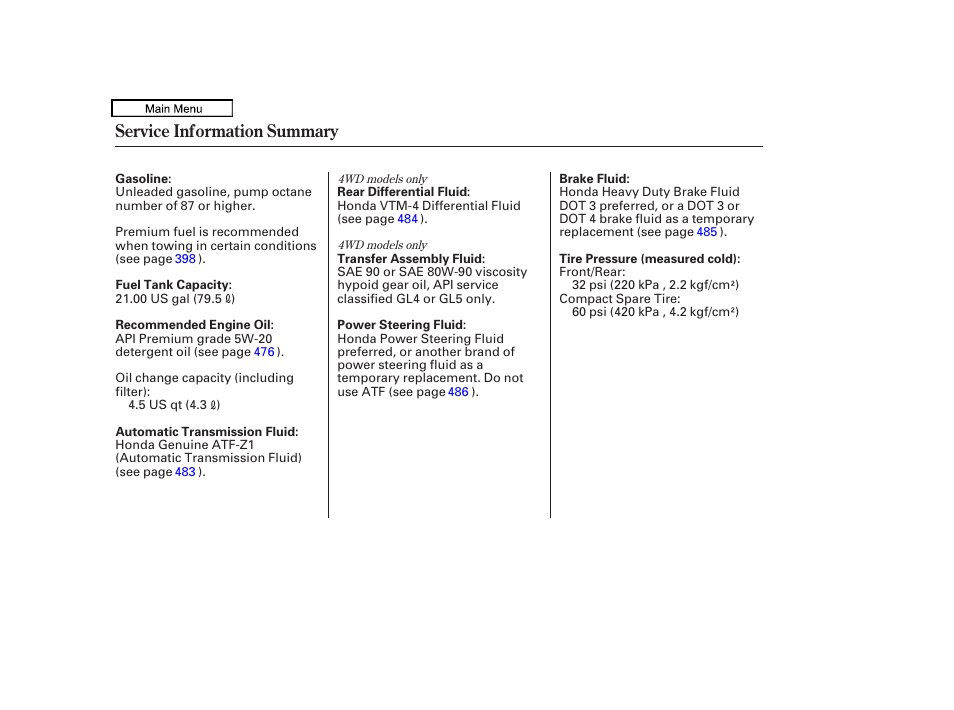 Service inf ormation summary, Service information summary | HONDA 2009 Pilot User Manual | Page 577 / 578