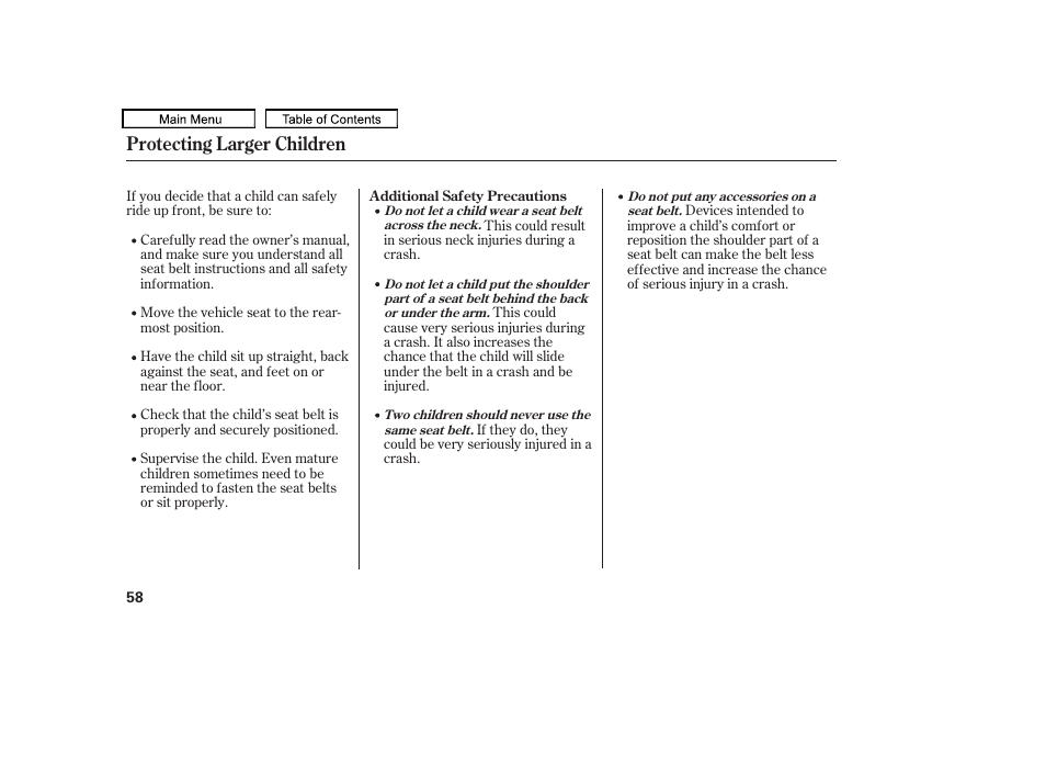 Protecting larger children | HONDA 2009 Pilot User Manual | Page 62 / 578