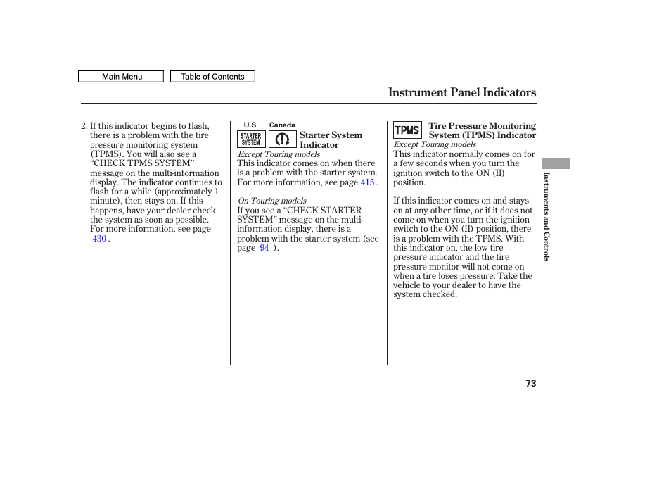 Instrument panel indicators, 2009 pilot | HONDA 2009 Pilot User Manual | Page 77 / 578