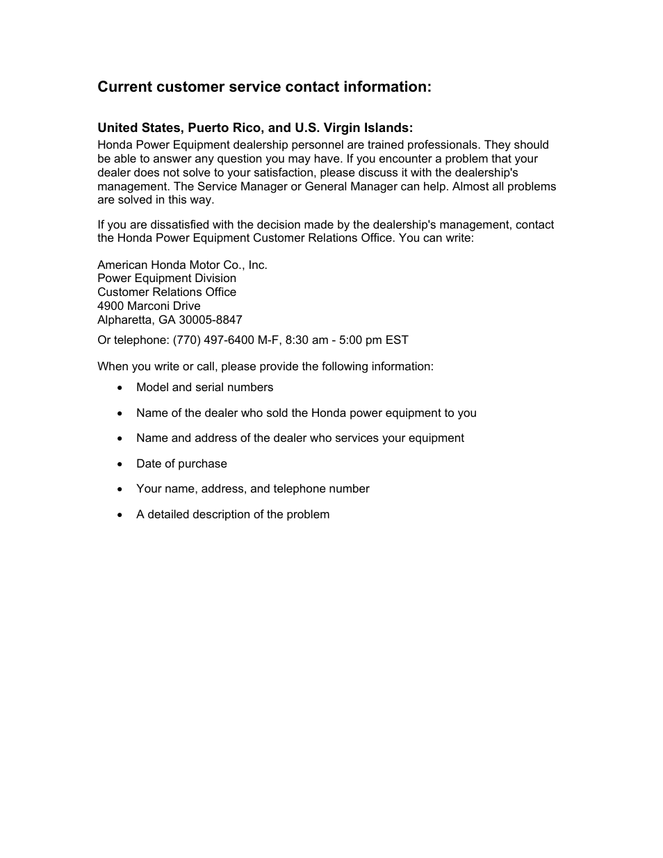 Current customer service contact info, Current customer service contact information | HONDA FS5047 User Manual | Page 26 / 27