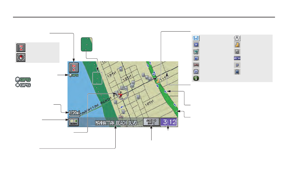 Getting started, Map screen legend | HONDA 2008 CR-V (Navigation Manual) User Manual | Page 19 / 146