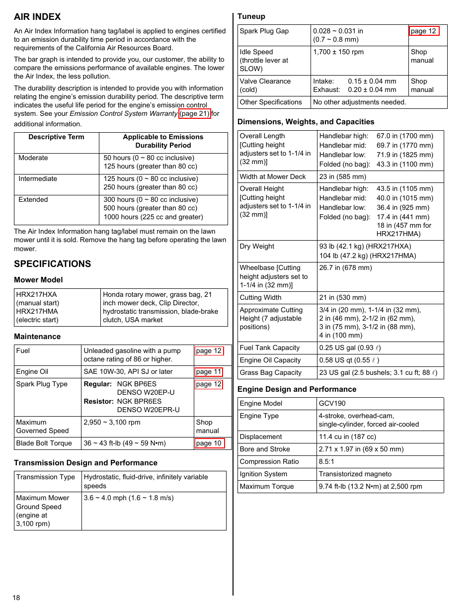 Air index, Specifications | HONDA HRX217HXA User Manual | Page 18 / 24