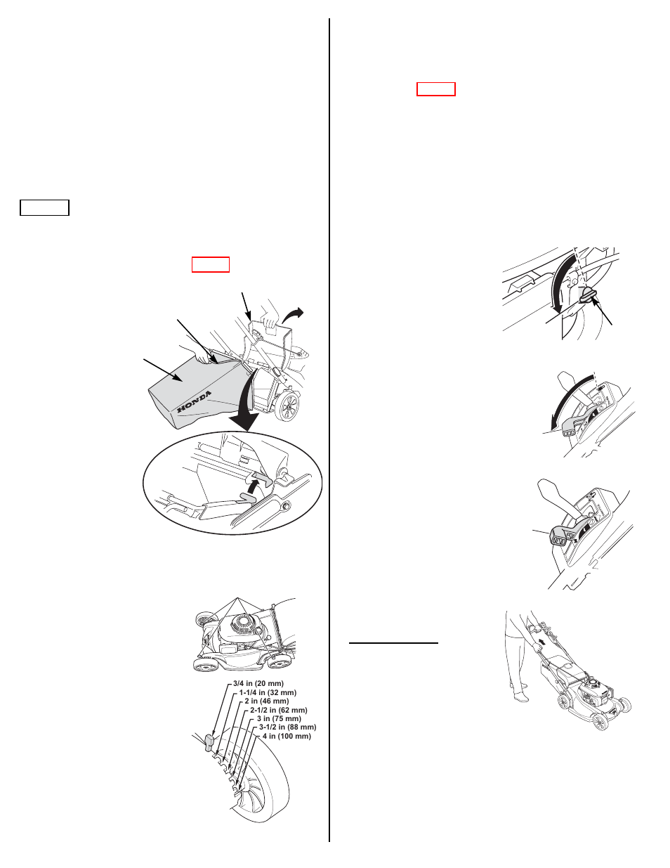 Grass bag, Cutting height adjustment, Operation | Mowing precautions, Starting the engine, Lever (4) (p. 6), Adjustment lever (4) (p. 6), Bag (p. 6), Grip (p. 6), Fuel valve (p. 6) | HONDA HRX217HXA User Manual | Page 6 / 24